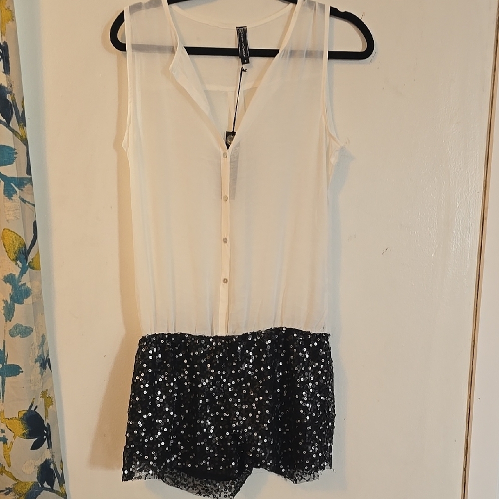 White Sheer Top with Black Sequin Shorts